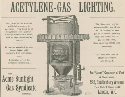 Annonce for acetylen-gas belysning af English School