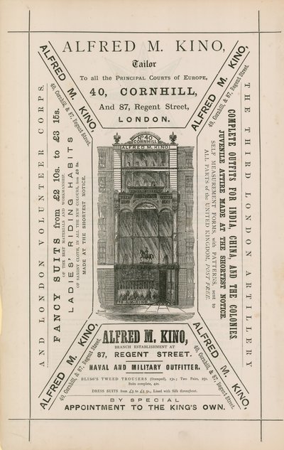 Annonce for Alfred M Kino, skrædder, 40 Cornhill og 87 Regent Street, London af English School