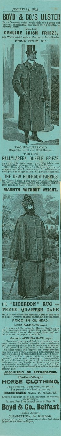 Annonce for Boyd & Cos Ulster vandtæt overfrakke af English School