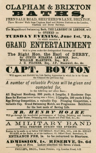 Annonce for Clapham og Brixton Baths, Ferndale Road, Shepherds Lane, Brixton, London; med kaptajn Boyton af English School