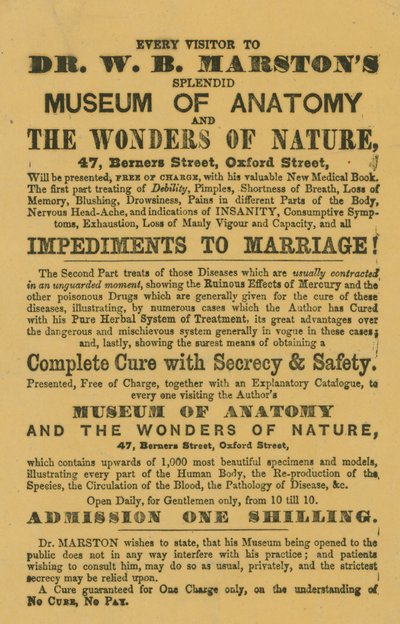 Annonce for Dr W B Marstons Museum of Anatomy and the Wonders of Nature af English School