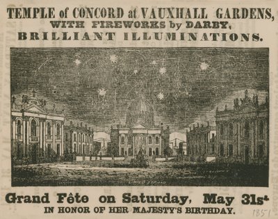 Annonce for Grand Fete i Temple of Concord, Vauxhall Gardens af English School