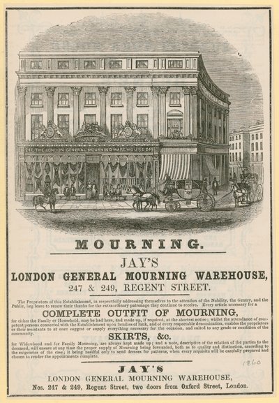 Annonce for Jays, London General Mourning Warehouse, 247 & 249 Regent Street, London af English School