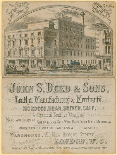 Annonce for John S Deed & Sons, læderproducenter og -handlere, 451 New Oxford Street, London af English School