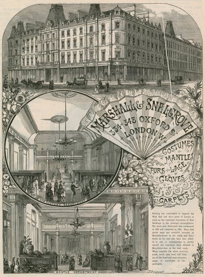 Annonce for Marshall & Snelgrove, Silk Mercers, Lacemen, Hosiers, af Vere Street, Oxford Street, London af English School