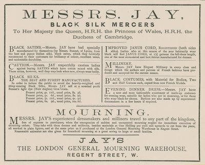 Annonce for Mrs Jay, London General Mourning Warehouse, Regent Street af English School