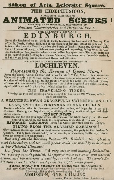 Annonce for The Eidophusikon, en udstilling af animerede scener, maleriske og mekaniske af English School