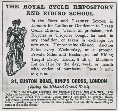 Anzeige für das Royal Cycle Repository und die Reitschule von English School