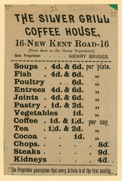 Annonce for The Silver Grill Coffee House, 16 New Kent Road, London af English School