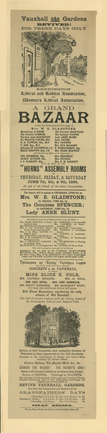 Annoncer for en Grand Bazaar i Vauxhall Gardens af English School