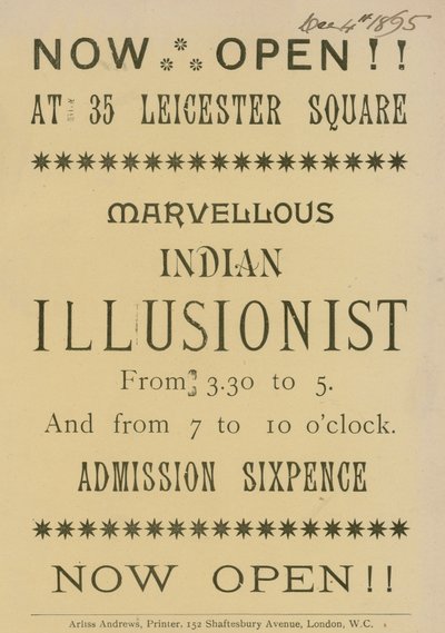 Annonce for en indisk illusionist, der optræder på 35 Leicester Square, London af English School