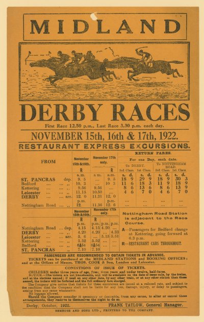 Annonce for jernbaneudflugt til Midland Derby Races, 15.-17. november 1922 af English School