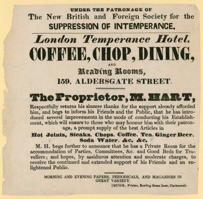 Annonce for London Temperance Hotel, under protektion af New British and Foreign Society for the Suppression of Inmperance af English School