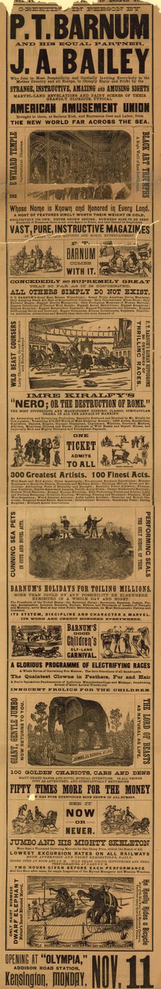 Annonce for udseendet af P T Barnum og JA Baileys show på Olympia af English School