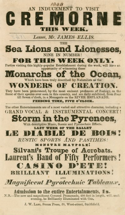 Annonce for udseendet af søløver og løvinder i Cremorne Gardens, London i 1848 af English School