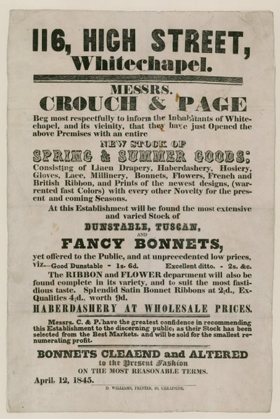 Annonce for Crouch and Page, 116 High Street, Whitechapel af English School