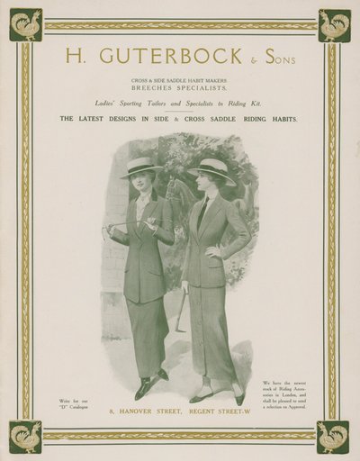 Annonce for H Guterbock & Sons, sportsskræddere til kvinder og specialister i ridesæt (farve litho) af English School