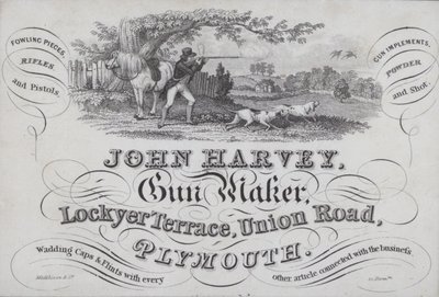 Advertisement for John Harvey, gun maker, Plymouth, Devondani af English School