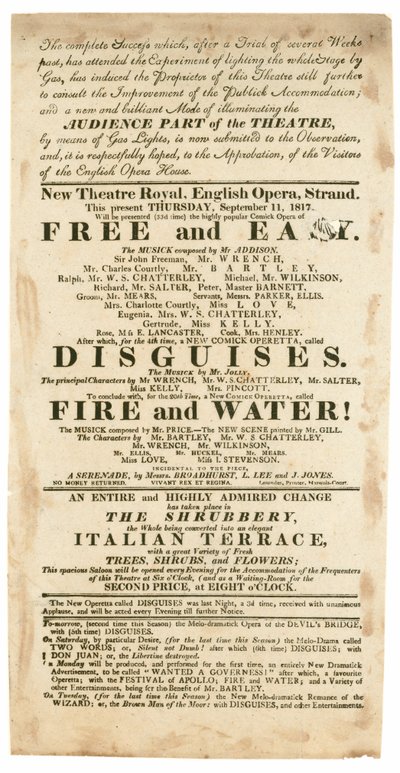 Annonce for New Theatre Royal, English Opera, Strand, London, den 11. september 1817, med omtale af gasbelysning af English School