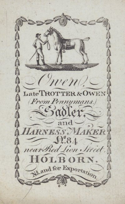 Annonce for Owen, sadelmager og seletøjsmager, London (litografi) af English School