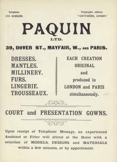 Annonce for Paquin, kjolemagere af English School