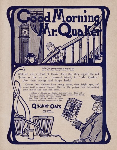 Annonce for Quaker Oats morgenmadsprodukter (litho) af English School