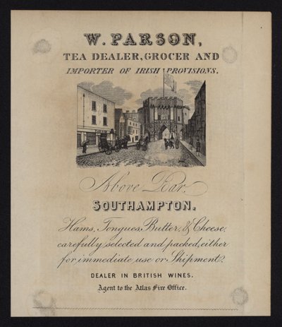 Annonce for W Parson, tehandler, købmand og importør af irske proviant, Southampton, Hampshire af English School