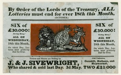 Annonce for sidste lotteri, 1826 af English School