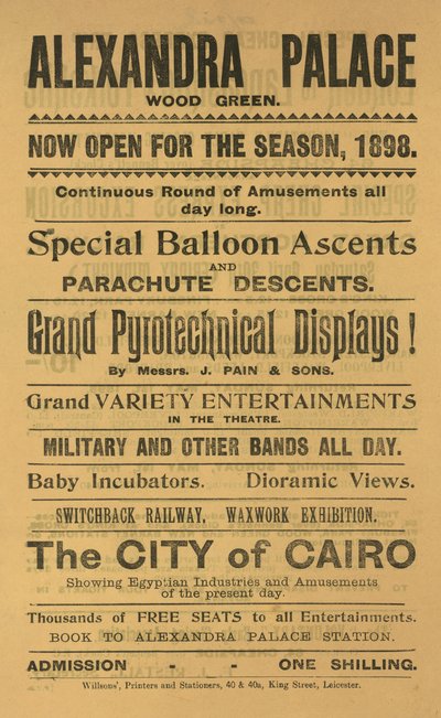 Annonce for sæsonen 1898 på Alexandra Palace af English School