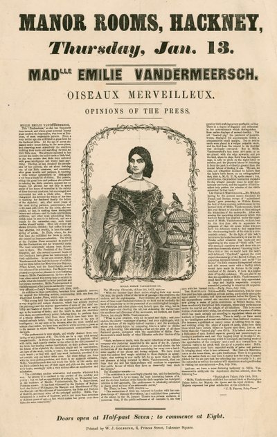Annonce for udseendet af Mademoiselle Emile Vandermeersch, Oiseaux Merveilleux på Manor Rooms, Hackney, London af English School