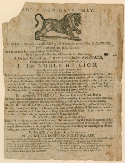 Annonce for udseendet af en samling sjældne dyr, herunder en løve, tiger, pindsvin og abe af English School