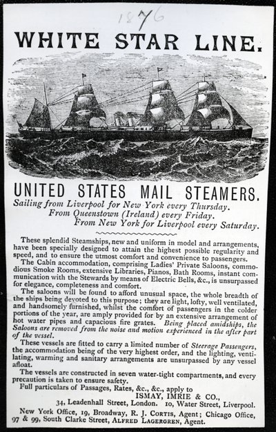 Annonce for White Star Line, 1876 (trykt papir) af English School