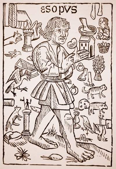 Aesop, frontispice til Aesops Fables af William Caxton (ca. 1422-91), 1434 (sepia foto) af English School