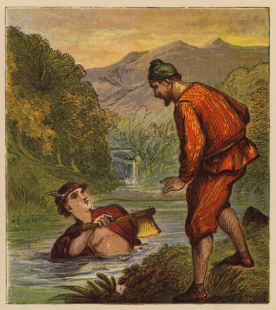 Æsops fabler: Mercury and the Woodman (farve litho) af English School