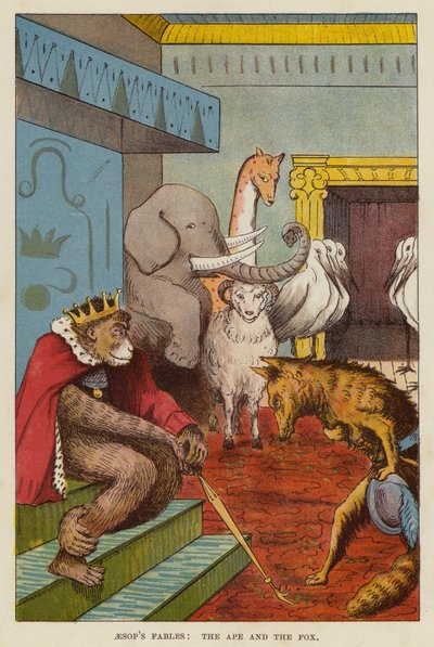 Aesops fabler: Apen og ræven (chromolitho) af English School