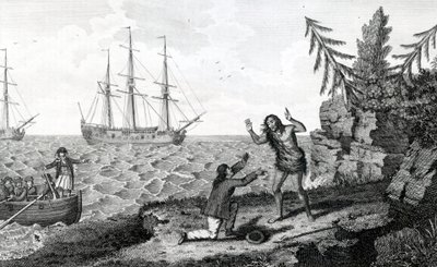 Påvirkende interview af to Mokito-mænd, illustration taget fra Moores Voyages and Travels, 1778 af English School