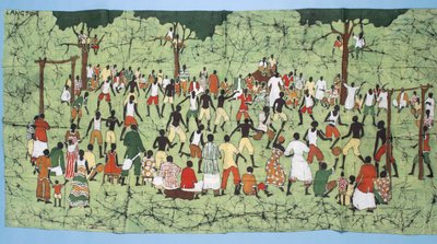 Afrikansk batik, illustration og fodboldkamp med tilskuere (tekstil) af English School
