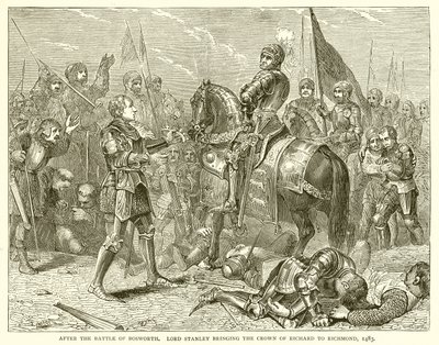 Efter slaget ved Bosworth. Lord Stanley bragte Richards krone til Richmond, 1483 af English School