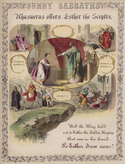 Ahasverus tilbyder Ester sceptret (farvet indgravering) af English School