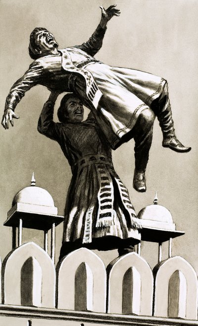 Akbar, konge af Hindustan, smed morderen Adham Khan fra toppen af paladset (gouache på papir) af English School