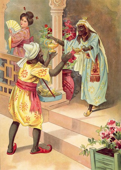 Aladdin og den vidunderlige lampe (farve litho) af English School