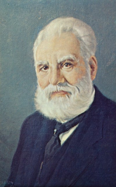 Alexander Graham Bell (1847-1922), skotsk videnskabsmand og opfinder (farvelitografi) af English School