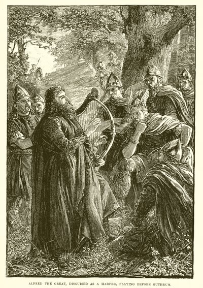 Alfred den Store, forklædt som en harper, spiller foran Guthrum af English School