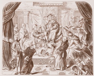 Allegorisk billede af Henrik VIII, der tramper på pave Clement, fra et gammelt tryk i British Museum af English School