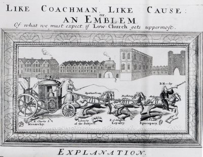 Allegori om farerne ved lavkirkelig puritanisme til monarkiet, subjektets frihed, loyalitet og bispedømme, ca. 1640-45 af English School