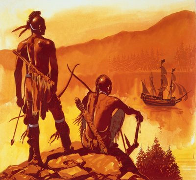 Amerikanske indianere ser på angribernes skib af English School
