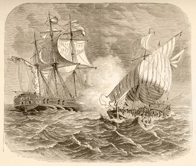 Et amerikansk flådeskib fanger et algerisk piratskib ud for Barbarykysten under den første barbariske krig (litho) af English School