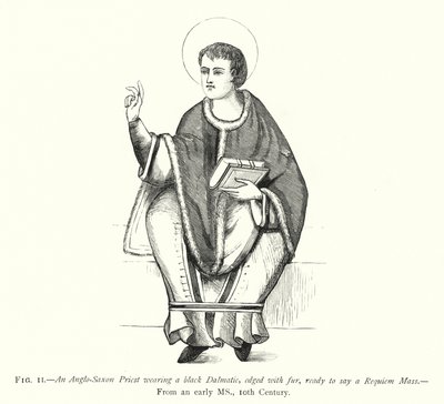En angelsaksisk præst iført en sort Dalmatic, kantet med pels, klar til at sige en Requiem-messe (gravering) af English School