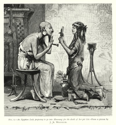 Eine ägyptische Dame bereitet sich auf die Trauer um den Tod ihrer Katze vor von English School