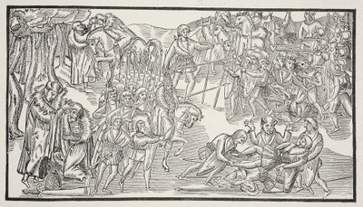 An Irish Chiefs Last Fight, 1581 (sepia-billede) af English School